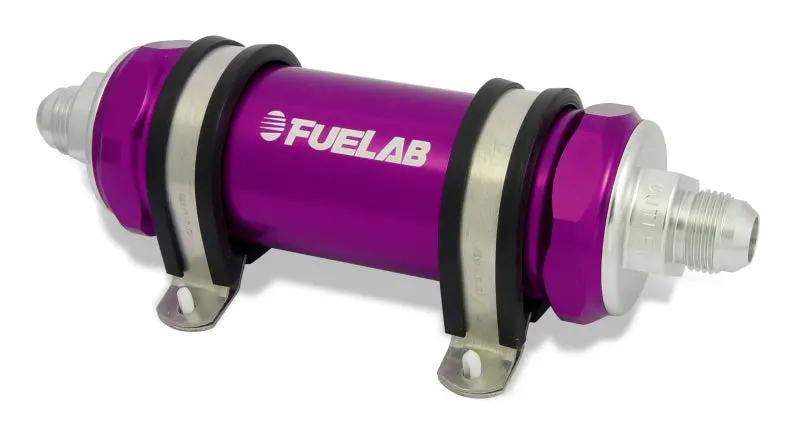 Fuelab Inline Fuel Filter – 828 Series, -8 An Fittings, 40-Micron Stainless Steel, Purple Housing 1
